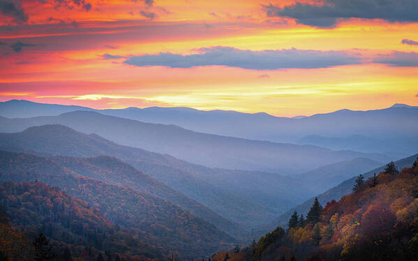 Oconaluftee Valley Poster featuring the photograph Autumn Sunrise In Smoky Mountain National Park by Jordan Hill