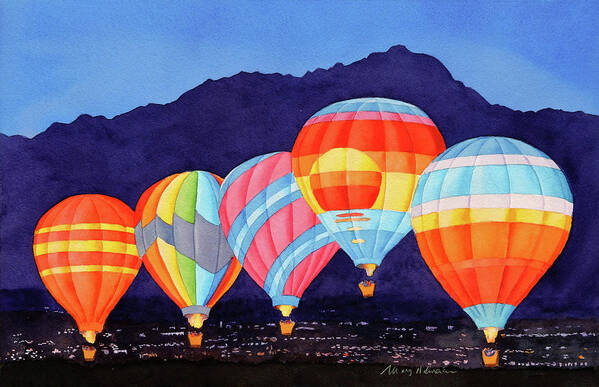 Balloons Poster featuring the painting Balloons over Palm Springs at Night by Mary Helmreich