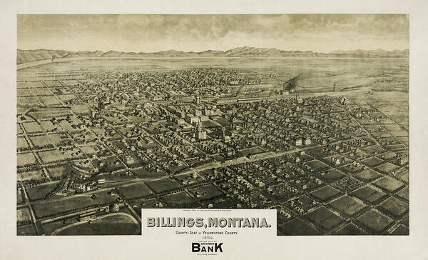 Billings Poster featuring the photograph Billings Montana Antique Map Birds Eye View 1904 by Carol Japp