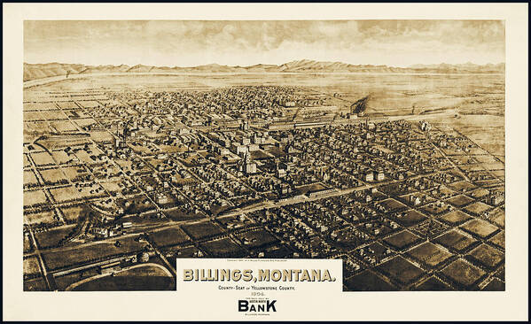 Billings Poster featuring the photograph Billings Montana Antique Map Birds Eye View 1904 Sepia by Carol Japp