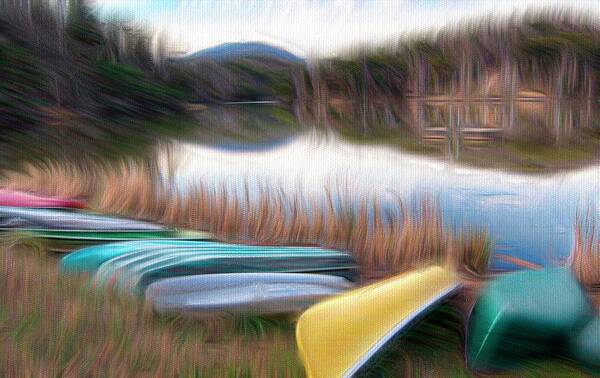 Colorful Canoes Photo Poster featuring the mixed media Canoes at Mirror Lake NC Painterly by Bob Pardue