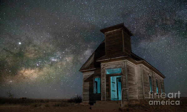 Milky Way; Star Trails; Astrophotography; Spirituality; Christian; Christianity; Church; Cross; Christ; Built Structure; City; Architecture; Outdoors; Landmark; Historical Landmark; Tranquil Scene; Past; History; Travel Destinations; Old Ruin; Usa; Church; Ancient; Stone; Night; Color Image; Abandoned; Old Building; Ruins; Ruin; Night Photography; Christian Church Taiban; Church; New Mexico Poster featuring the photograph Church of Taiban by Keith Kapple