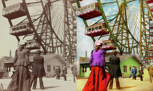 Chicago Poster featuring the photograph City - Chicago,IL - Fair - The first Ferris Wheel 1893 - Side by Side by Mike Savad