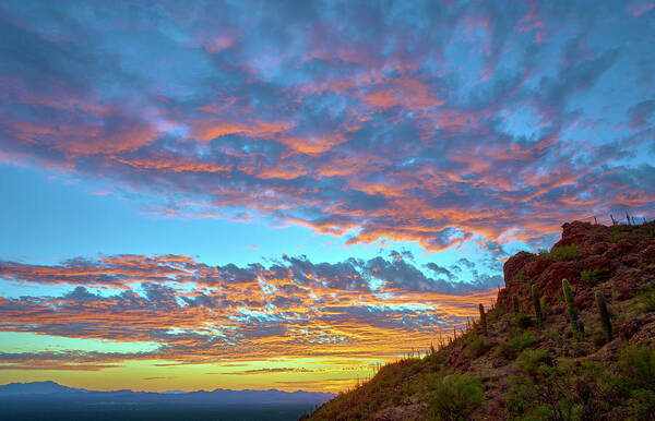 Gates Pass Poster featuring the photograph Fiery Sunset Over Gates Pass by Chris Anson