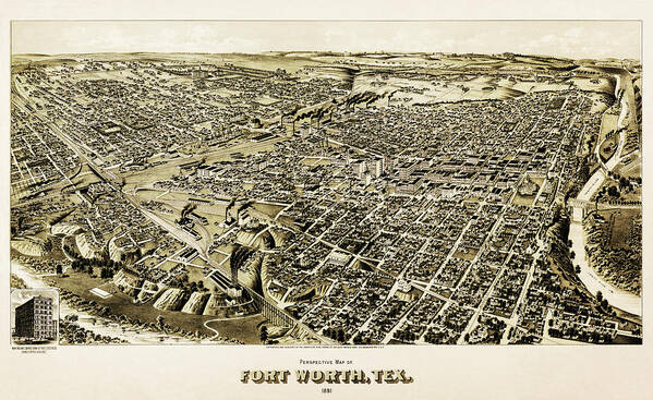 Forth Worth Poster featuring the photograph Fort Worth Texas Birds Eye View Vintage Map 1891 by Carol Japp