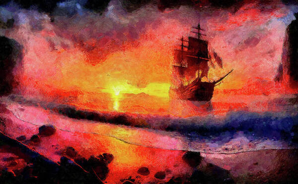 Galley And The Sunset Poster featuring the digital art Galley and the Sunset by Caito Junqueira