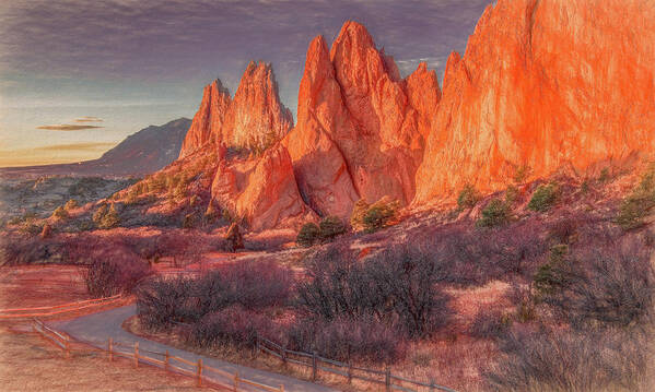 Garden Of The Gods Poster featuring the photograph Garden of the Gods Sunrise, Painterly by Marcy Wielfaert