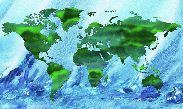 Green Poster featuring the painting Green World Blue Ocean Watercolor Map Silhouette by Irina Sztukowski