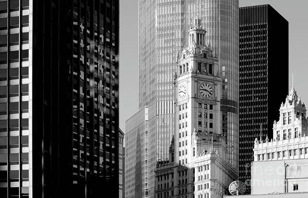 Buildings Poster featuring the photograph Chicago skyline in black and white by Gunther Allen
