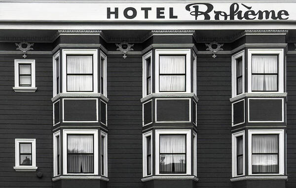 Hotel Boheme Poster featuring the photograph Hotel Boheme Black and White- by Linda Woods by Linda Woods
