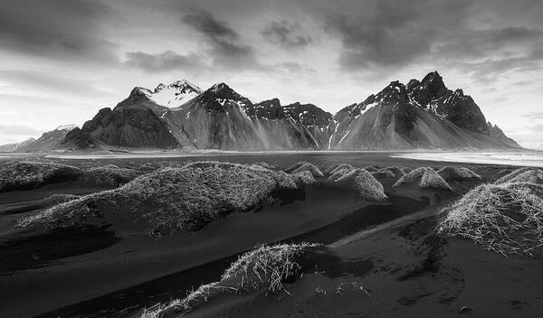 Iceland Poster featuring the photograph Black and White Icelandic mountain landscape, Vestrahorn black mountains Iceland by Michalakis Ppalis