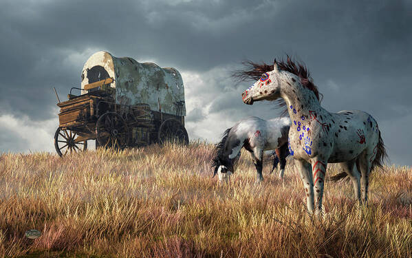 War Horse Poster featuring the digital art Indian Ponies and Abandoned Wagon by Daniel Eskridge