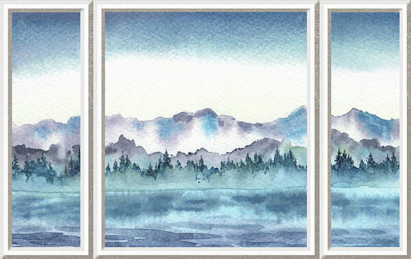 Window View Poster featuring the painting Lake House Window View Meditative Landscape With Calm Waters And Hills Watercolor V by Irina Sztukowski
