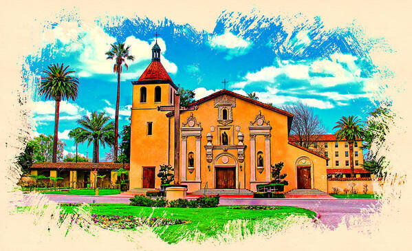 Mission Santa Clara Poster featuring the digital art Mission Santa Clara de Asis, watercolor painting by Nicko Prints