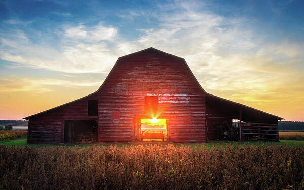 Barn Poster featuring the photograph Mississippi Farm Sunset Old Red Barn by Jordan Hill