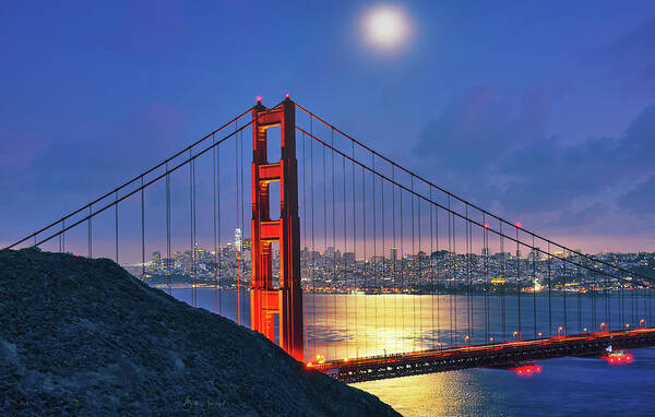 Night Poster featuring the photograph Moon Over The Golden Gate by Beth Sargent