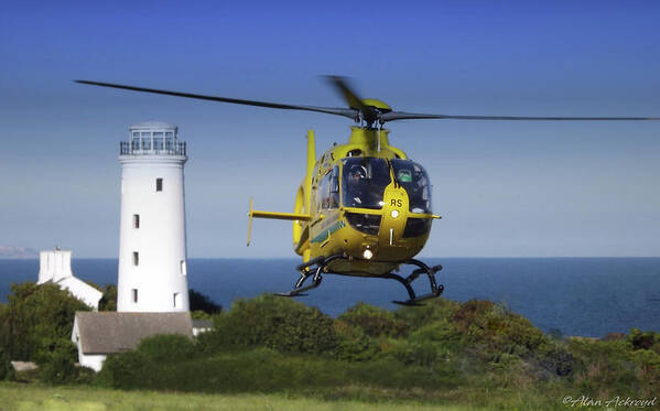 Helicopter Poster featuring the photograph Old Lighthouse and Helicopter by Alan Ackroyd