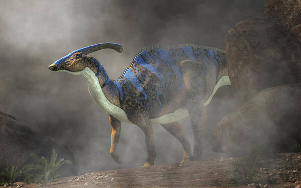 Parasaurolophus Poster featuring the digital art Parasaurolophus in Fog by Daniel Eskridge