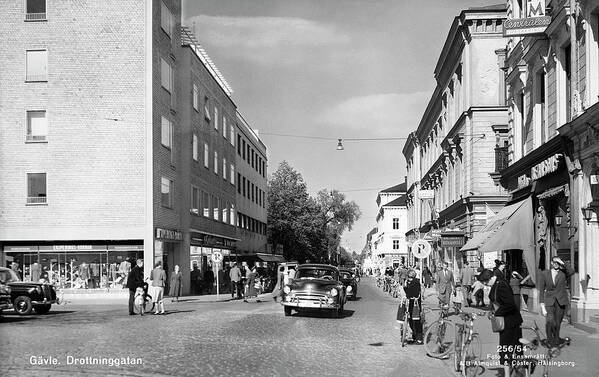 Vintage Poster featuring the painting People and cars in Drottninggatan by MotionAge Designs