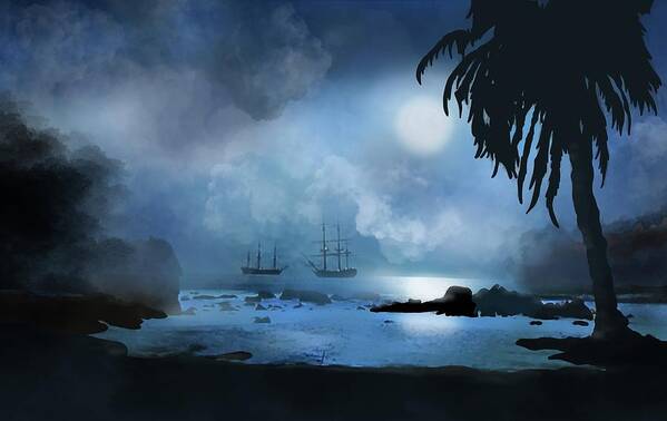 Pirate Poster featuring the painting Pirate ships off the coast of Port Royale by Patricia Piotrak
