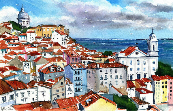 Portugal Poster featuring the painting Red Rooftops of Lisbon Alfama by Dora Hathazi Mendes