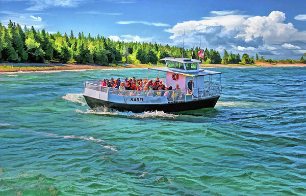 Karfi Poster featuring the painting Rock Island Karfi Ferry Waves in Door County by Christopher Arndt