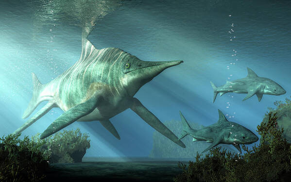Shastasaurus Poster featuring the digital art Shastasaurus Chasing Sharks by Daniel Eskridge