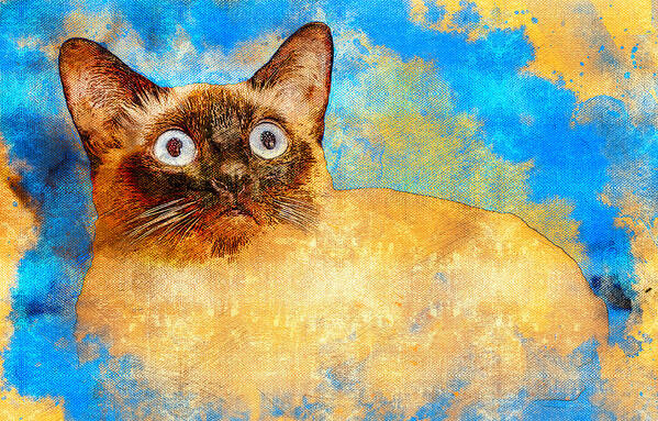 Alerted Cat Poster featuring the digital art Siamese cat with a worried expression - digital painting by Nicko Prints