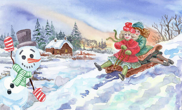Winter Fun Poster featuring the painting Snowman And Two Girls Sledding Winter Watercolor by Irina Sztukowski