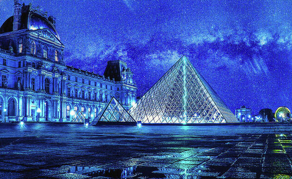 Louvre Poster featuring the digital art Starry sky over the Louvre by Alex Mir