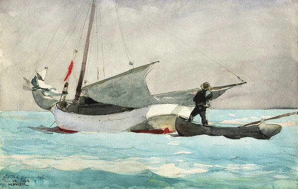  Ocean Poster featuring the painting Stowing Sail, 1903 by Winslow Homer