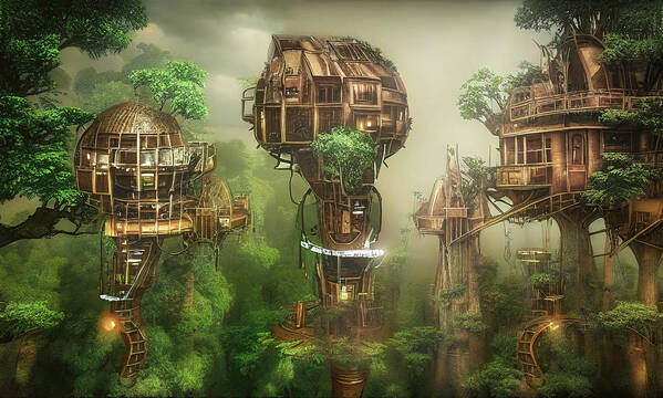 Ai Poster featuring the digital art Treehouses in the misty rain by Micah Offman