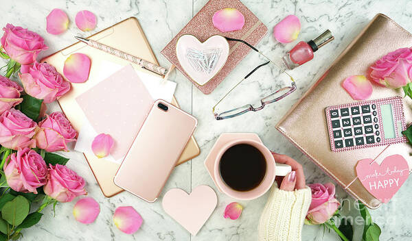 Rose Gold Poster featuring the photograph Ultra feminine pink desk workspace with rose gold accessories flatlay. by Milleflore Images