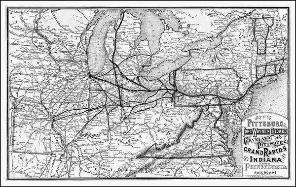 Railroad Poster featuring the photograph Vintage Railroad Map 1874 Pittsburgh and Beyond Black and White by Carol Japp