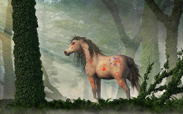 War Horse Poster featuring the digital art War Horse in a Misty Forest by Daniel Eskridge