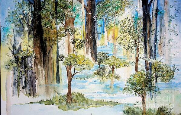 Landscape Poster featuring the painting Watercolor Fantasy Landscape 2 greens and blues by Valerie Shaffer