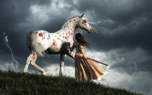 Wild West Poster featuring the digital art Wild West Woman and War Horse Watching a Storm by Daniel Eskridge