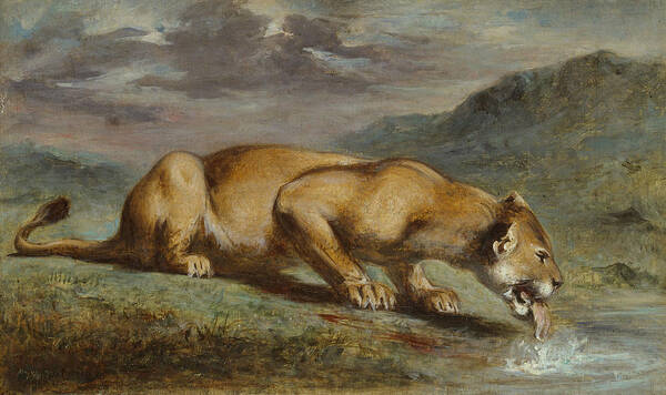 19th Century Art Poster featuring the painting Wounded Lioness by Pierre Andrieu