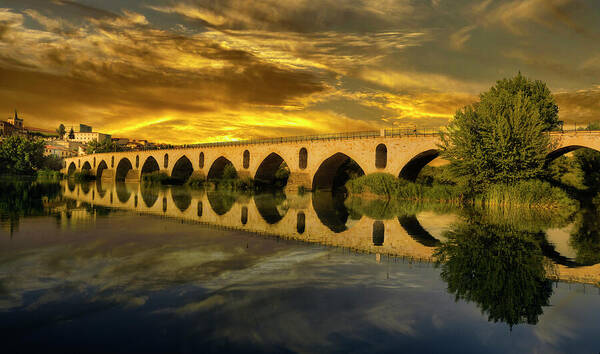 Sunset Poster featuring the photograph Zamora's Roman Bridge by Micah Offman