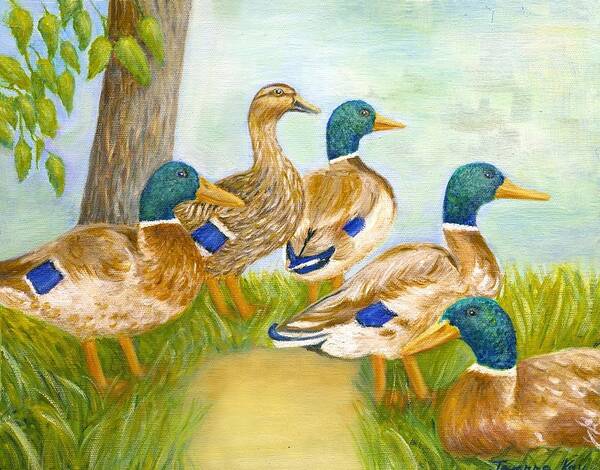 Mallards Poster featuring the painting Diva Duck and the Mallards #1 by Jeanne Juhos