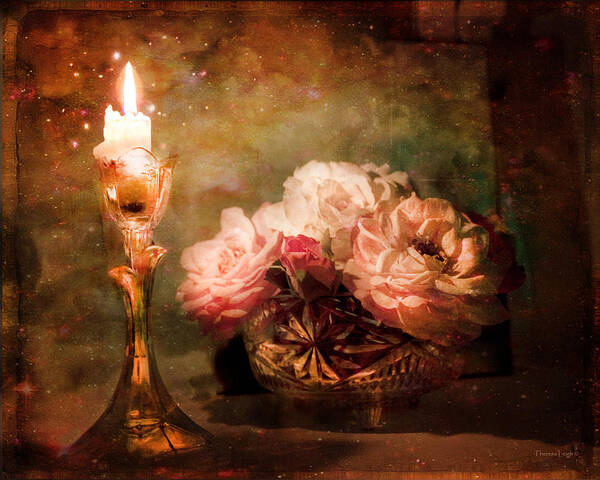 Vintage Still Life Poster featuring the photograph Roses By Candlelight by Theresa Tahara