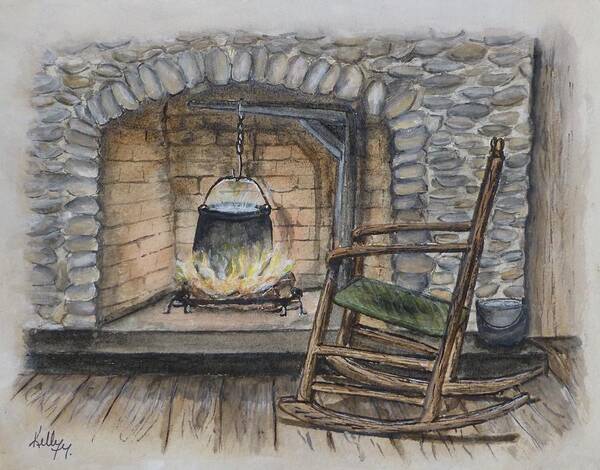 Fireplace Poster featuring the painting 1800s Cozy Cooking .... Fire Place by Kelly Mills
