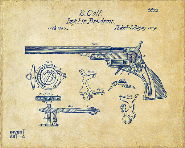 Colt Poster featuring the digital art 1839 Colt Fire Arm Patent Artwork Vintage by Nikki Marie Smith