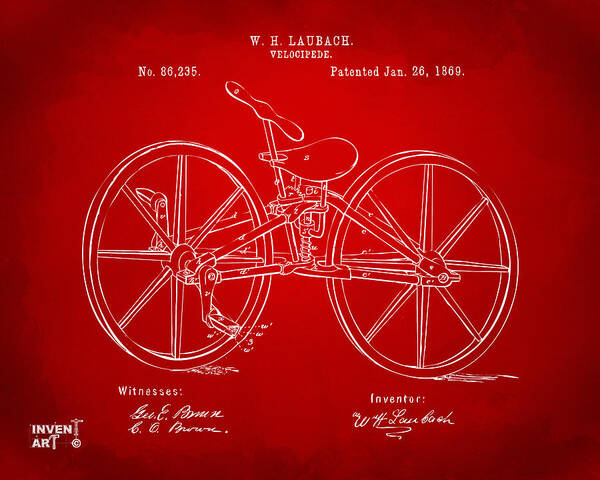 Bicycle Poster featuring the digital art 1869 Velocipede Bicycle Patent Artwork Red by Nikki Marie Smith