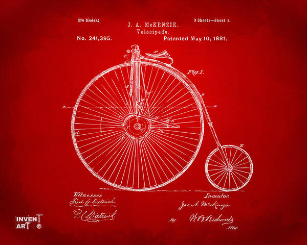 Velocipede Poster featuring the digital art 1881 Velocipede Bicycle Patent Artwork - Red by Nikki Marie Smith