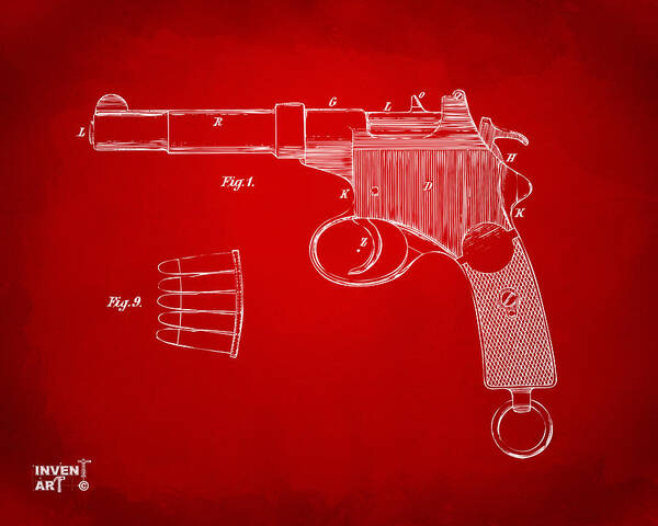 Gun Poster featuring the digital art 1897 Mannlicher Pistol Patent Minimal - Red by Nikki Marie Smith