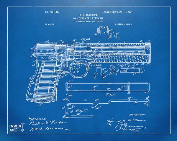 Gun Poster featuring the digital art 1903 McClean Pistol Patent Artwork - Blueprint by Nikki Marie Smith