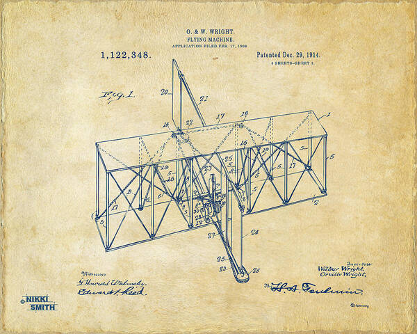 Wright Brothers Poster featuring the digital art 1914 Wright Brothers Flying Machine Patent Vintage by Nikki Marie Smith