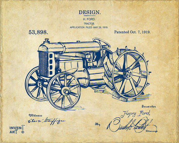 Henry Ford Poster featuring the digital art 1919 Henry Ford Tractor Patent Vintage by Nikki Marie Smith