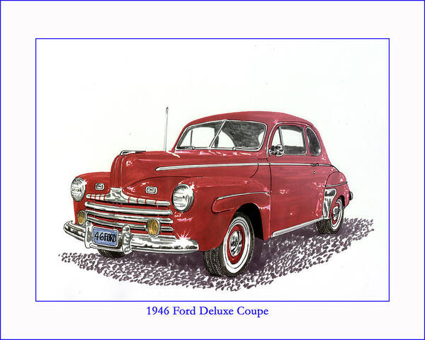 1946 Ford Deluxe Coupe Art. Framed Art Of Old Gas Stations. Gas Station Art. Art Of Old Gas Stations. Framed Art Of Gas Stations. Nostalgia Gas Station Art. Gilmore Gas Station Art Automotive Prints Poster featuring the painting Ford Special Deluxe Coup e from 1946 by Jack Pumphrey